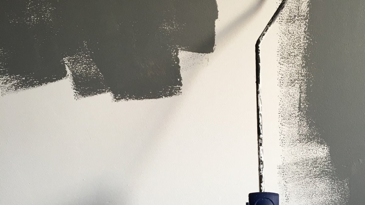 A wall part way through repainting, the new coat rolled over the original finish