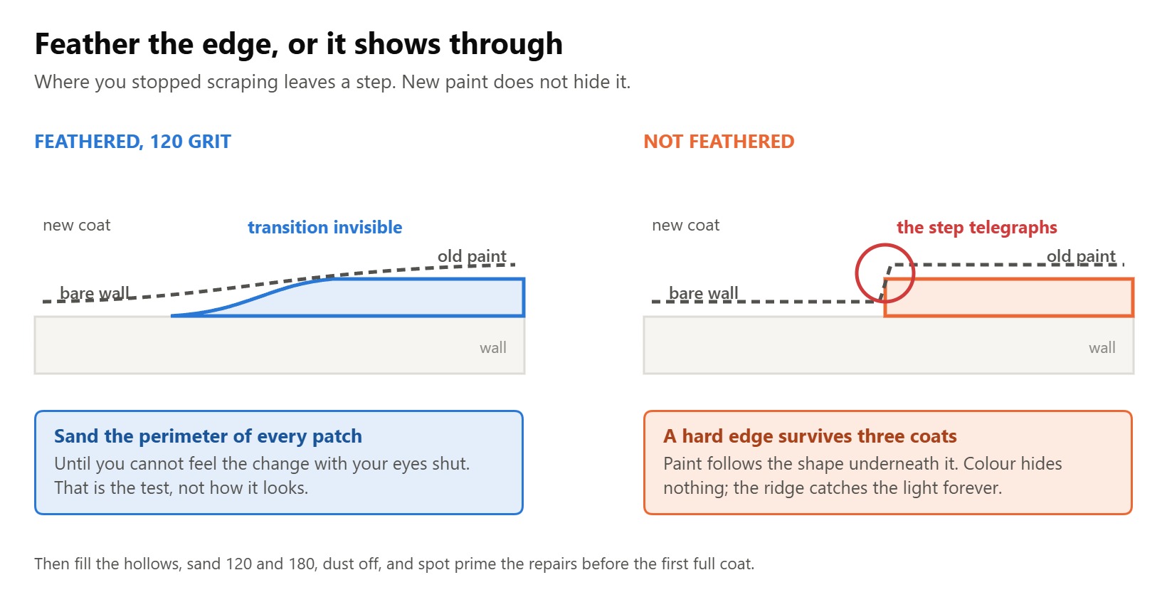 Diagram comparing a feathered paint edge that disappears under new paint with a hard step that shows through