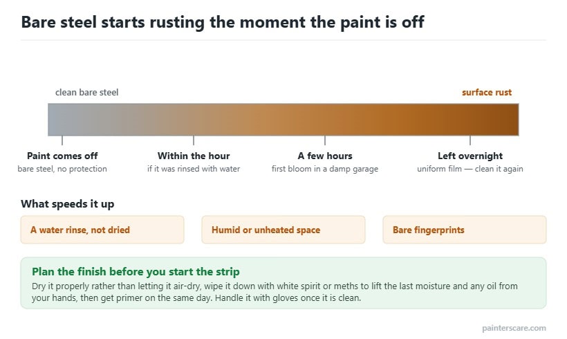 Timeline showing bare steel developing flash rust from the moment paint is removed, from clean metal through first bloom within hours to a uniform orange film overnight