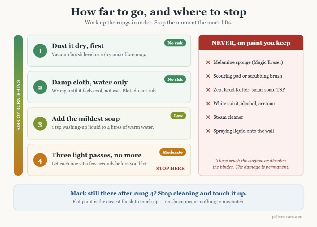 Four-step ladder for cleaning flat paint, from dry dusting to mild soap, with burnishing risk rising at each step.