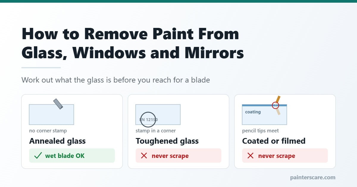 How to remove paint from glass, windows and mirrors: annealed glass with no corner stamp takes a wet blade, while toughened glass and coated or filmed glass must never be scraped