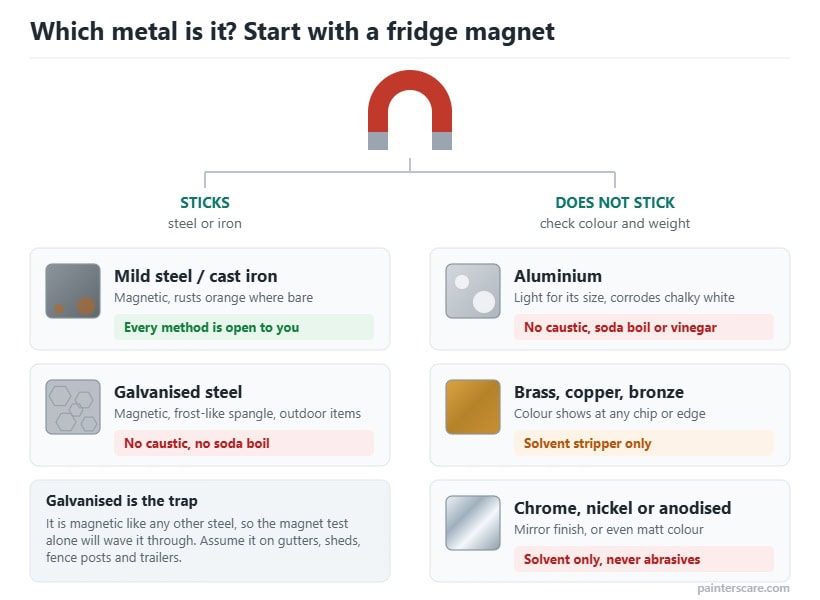 Magnet test for identifying metal before removing paint: steel and galvanised steel are magnetic, while aluminium, brass and plated finishes are not, each with the stripping methods that are safe on it