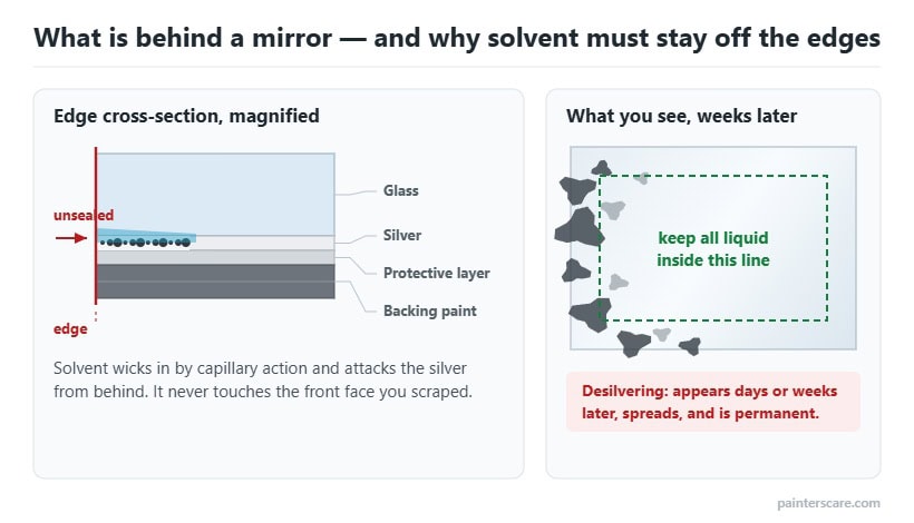 Cross-section of a mirror showing glass, silver, protective layer and backing paint, with solvent wicking in at an unsealed edge, next to the black desilvering mottling that results