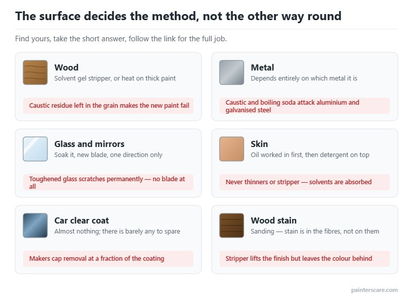 Six surfaces with the paint removal method that suits each one and the mistake that ruins it: wood, metal, glass and mirrors, skin, car clear coat and wood stain