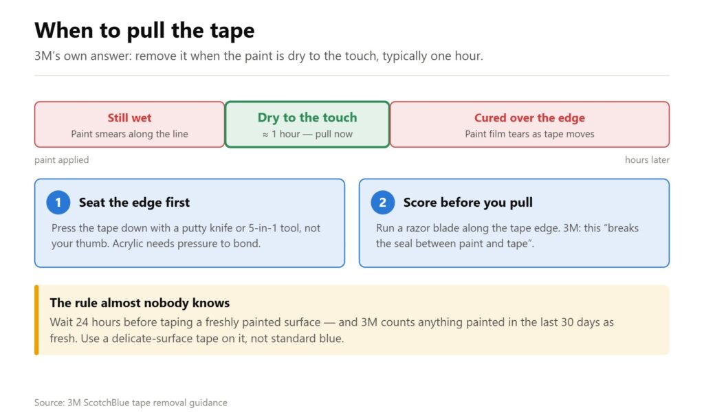 Timeline for removing painters tape: pull at about 1 hour, when the paint is dry to the touch, scoring the edge first.