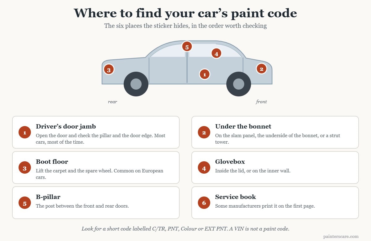 Diagram of a car showing the six places a factory paint code sticker is usually found: the driver’s door jamb, under the bonnet, the boot floor under the spare wheel, the glovebox, the B-pillar and the service book
