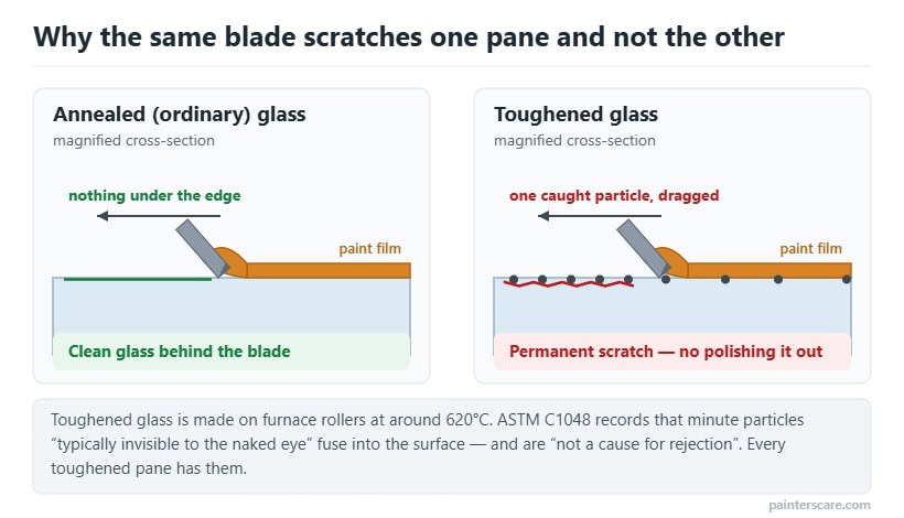 Magnified cross-sections comparing a blade lifting paint cleanly from annealed glass with the same blade catching a furnace particle fused into toughened glass and dragging it into a permanent scratch