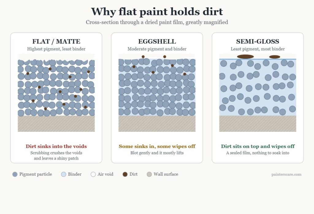 Cross-sections of flat, eggshell and semi-gloss films: dirt sinks into the porous flat, rests on the sealed gloss.