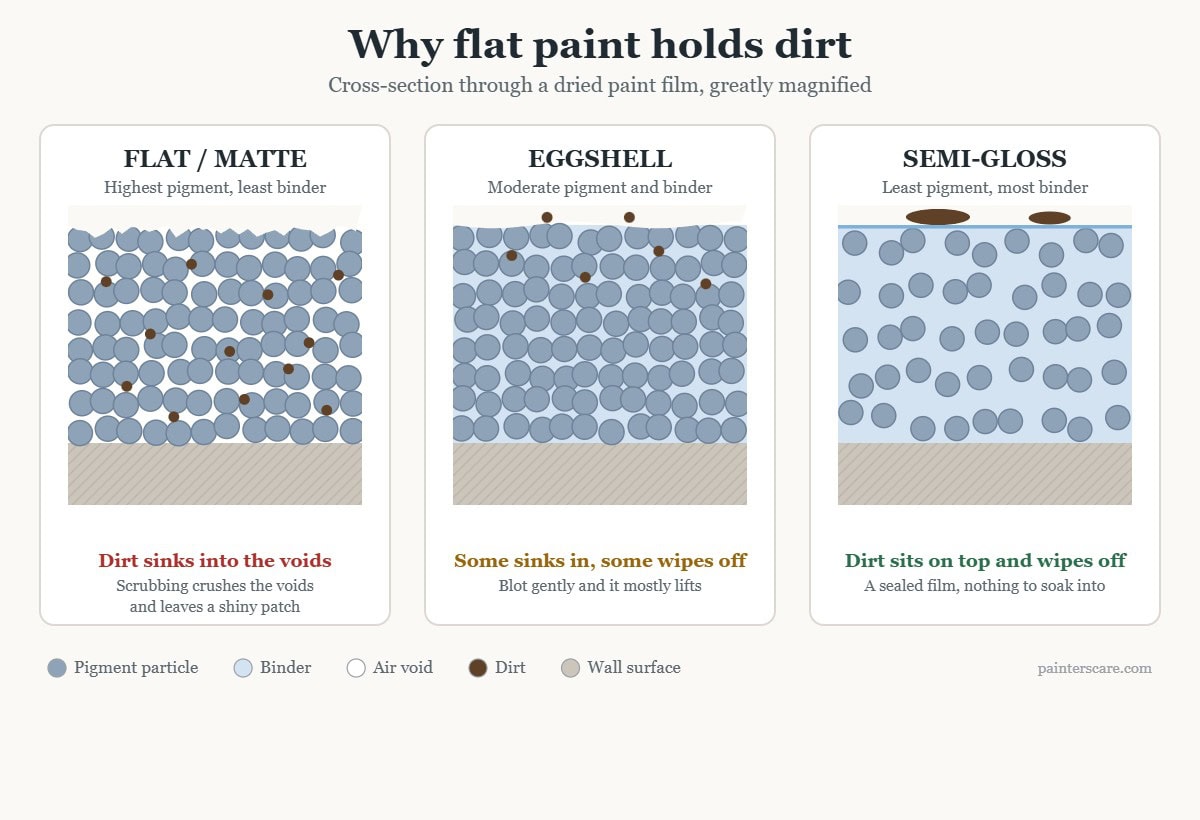 Cross-section diagram comparing flat, eggshell and semi-gloss paint films, showing dirt sinking into the porous flat film and resting on the sealed semi-gloss film