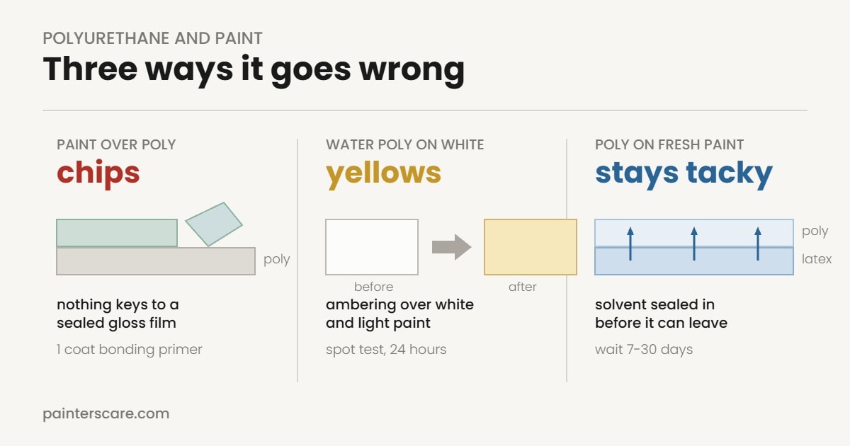 Three polyurethane and paint failures: paint chips off poly, water-based poly ambers over white paint, and poly over fresh latex stays tacky.